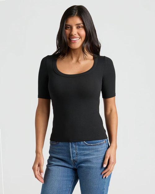 Womens Black Ribbed 3/4 Sleeve Scoop Neck Tee 3-Pack