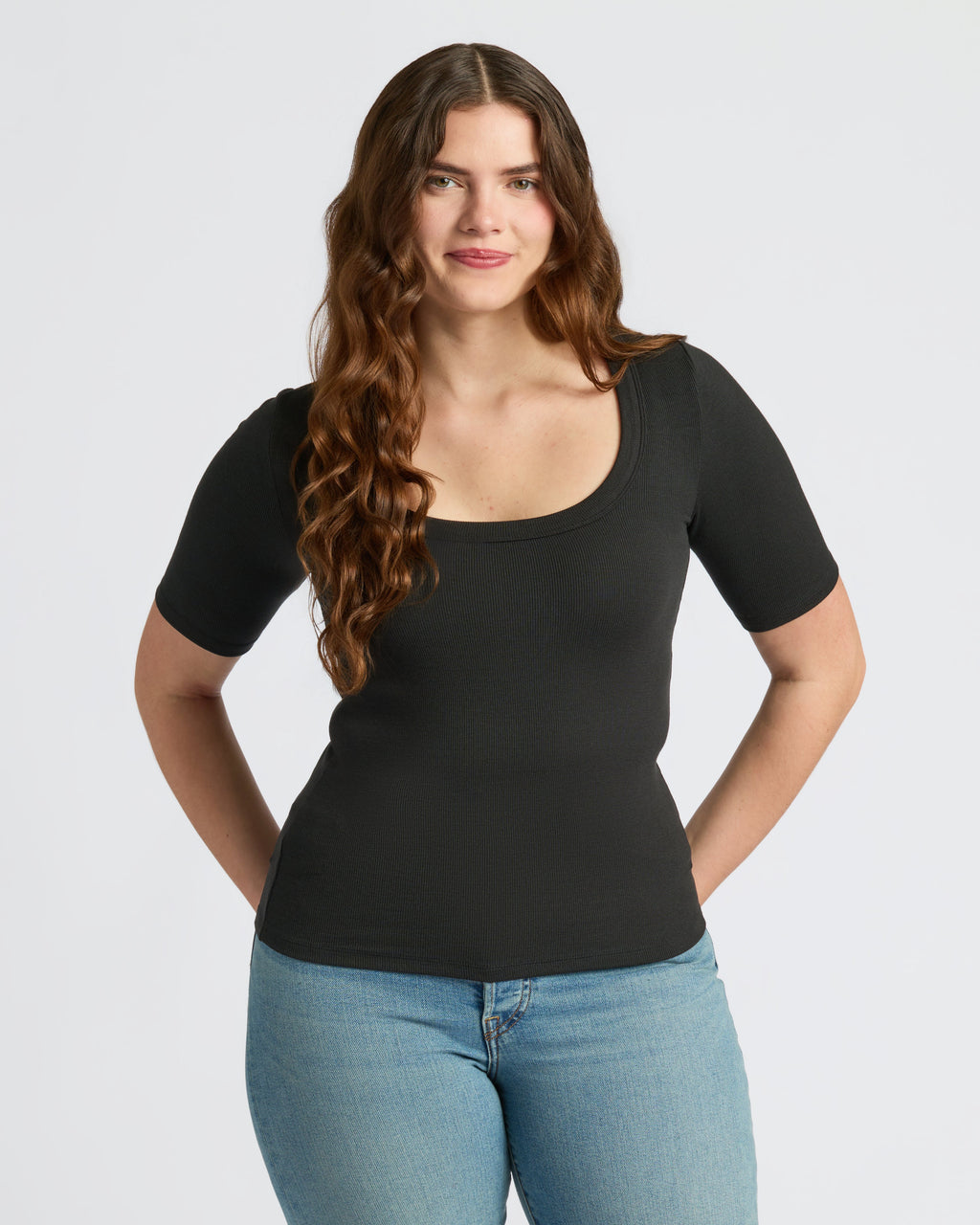 Womens Black Ribbed 3/4 Sleeve Scoop Neck Tee 3-Pack